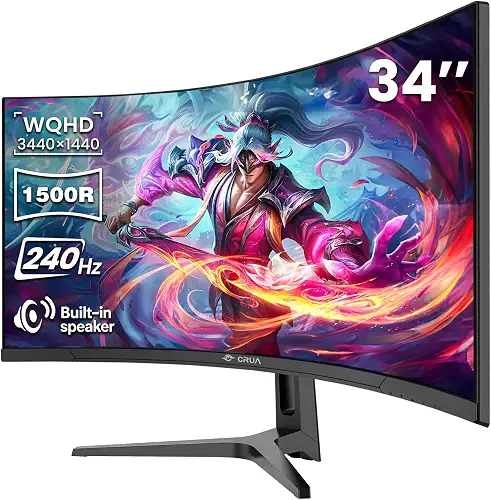 CRUA 34" WQHD 165Hz Ultrawide Curved Gaming Monitor, 1500R, FreeSync, Black 3440x1440